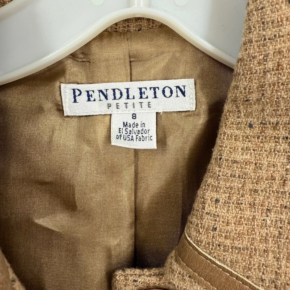 Pendleton Petite Tan‎ Wool Silk Leather Trim Blazer Jacket Brown Size 8 RN 29685